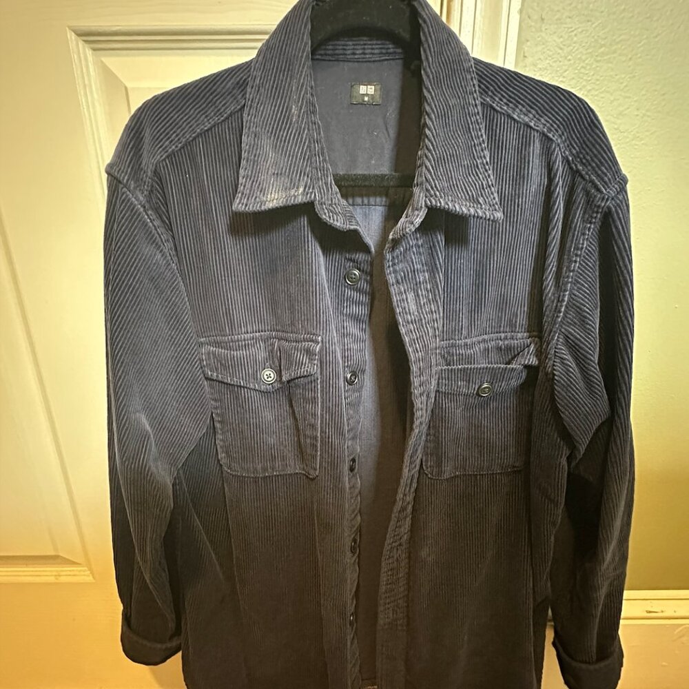 Mens dark navy blue corduroy button down chore coat jacket